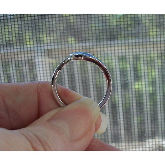 925 STERLING SILVER Lab Created Blue Fire Opal Greek Key & Wave Ring - Picture 5 of 16